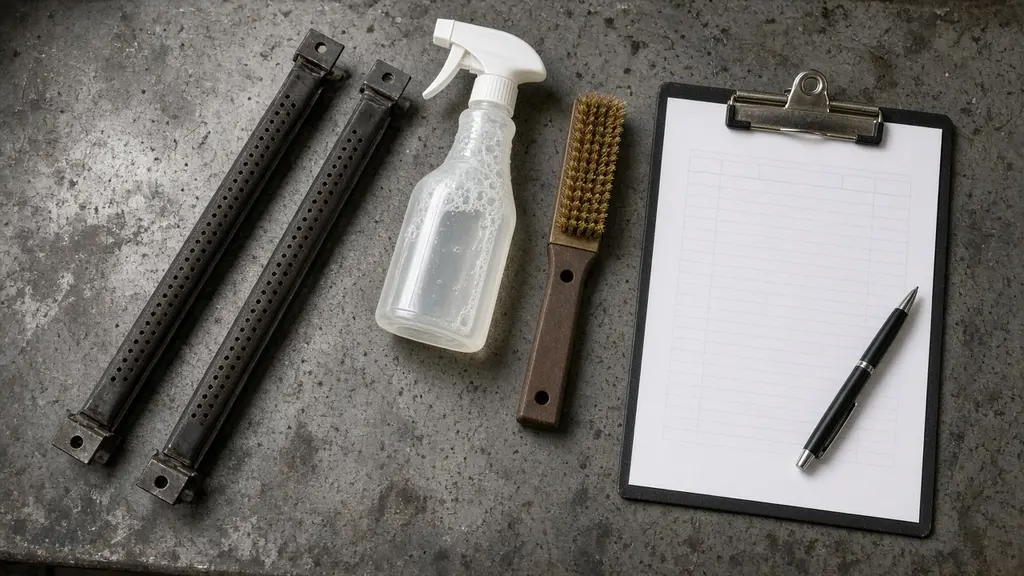Grill burner tubes, a spray bottle of soapy water, a brass brush and a clipboard with an inspection checklist on a workbench