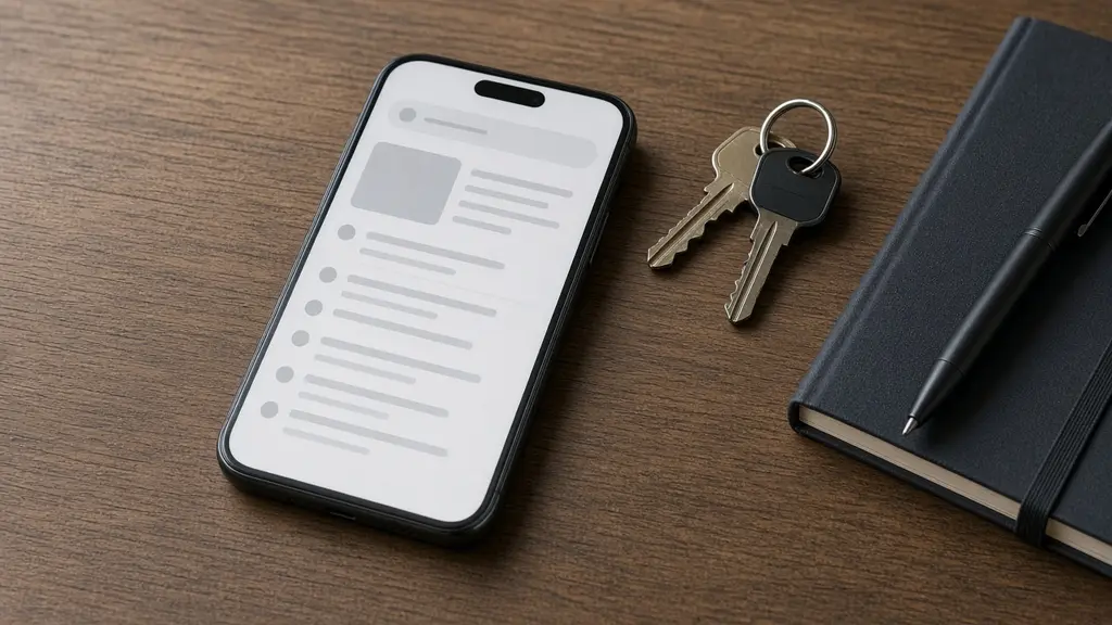 A hand holding a smartphone showing generic blurred search results, a small-town main street softly out of focus behind